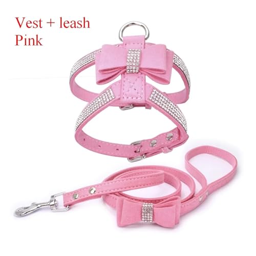 KANGYEBAIHUODIAN Fit for Pet Harness Leine Mit Strass Bling Kristall Verstellbarer Brustgurt Weichem Wildleder Bogen Leder Hohe Qualität Drop Shipping (Color : Harness Leash Pink, Size : S) von LinCys