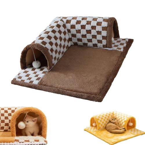 2-in-1 Funny Plush Plaid Checkered Cat Tunnel Bed - Fuzzy Plush Cat Tunnel Foldable Indoor Soft Fleece with Hanging Balls, Cat Tunnel Cat Bed with Central Mat for All Seasons (Coffee,M) von LinZong