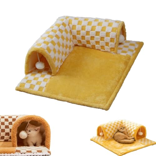 2-in-1 Funny Plush Plaid Checkered Cat Tunnel Bed - Fuzzy Plush Cat Tunnel Foldable Indoor Soft Fleece with Hanging Balls, Cat Tunnel Cat Bed with Central Mat for All Seasons (Yellow,M) von LinZong