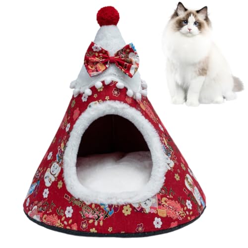 Christmas Tree Cave Bed Tent, Non-Slip Cat Igloo Xmas Kitten Hut Hideout, Cat Bed Cave Nest House with Removable Cushion, Xmas Cave Beds for Pets Cats and Dogs von LinZong