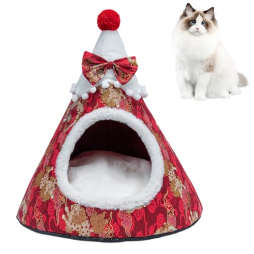 Christmas Tree Cave Bed Tent, Non-Slip Cat Igloo Xmas Kitten Hut Hideout, Cat Bed Cave Nest House with Removable Cushion, Xmas Cave Beds for Pets Cats and Dogs von LinZong