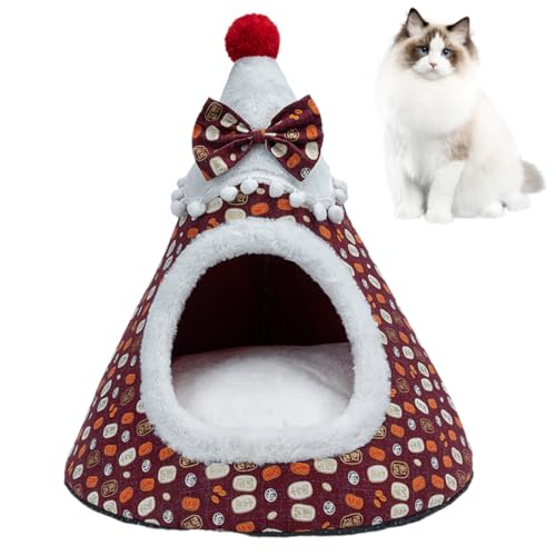 Christmas Tree Cave Bed Tent, Non-Slip Cat Igloo Xmas Kitten Hut Hideout, Cat Bed Cave Nest House with Removable Cushion, Xmas Cave Beds for Pets Cats and Dogs von LinZong