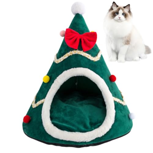 Christmas Tree Cave Bed Tent, Non-Slip Cat Igloo Xmas Kitten Hut Hideout, Cat Bed Cave Nest House with Removable Cushion, Xmas Cave Beds for Pets Cats and Dogs von LinZong