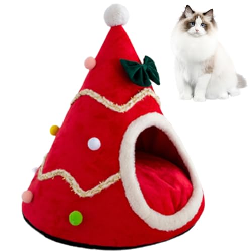 Christmas Tree Cave Bed Tent, Non-Slip Cat Igloo Xmas Kitten Hut Hideout, Cat Bed Cave Nest House with Removable Cushion, Xmas Cave Beds for Pets Cats and Dogs von LinZong