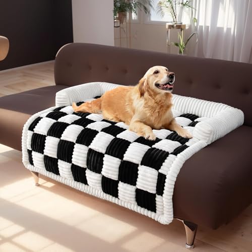 Fluffy Fuzzy Dog Bed Sofa Protector Pet Mat, Washable Plush Couch Cover for Dog, Cream-Coloured Large Plaid Square Pet Mat Bed Couch Cover, Non Slip Sofa Cover for Dogs, Cats (Black, 29.5"*29.5") von LinZong