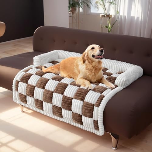 Fluffy Fuzzy Dog Bed Sofa Protector Pet Mat, Washable Plush Couch Cover for Dog, Cream-Coloured Large Plaid Square Pet Mat Bed Couch Cover, Non Slip Sofa Cover for Dogs, Cats (Coffee, 29.5"*29.5") von LinZong