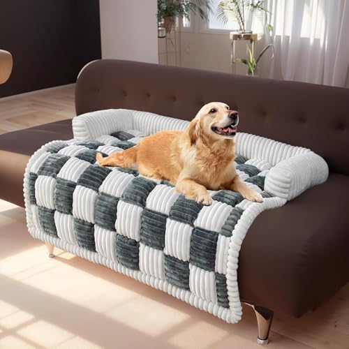 Fluffy Fuzzy Dog Bed Sofa Protector Pet Mat, Washable Plush Couch Cover for Dog, Cream-Coloured Large Plaid Square Pet Mat Bed Couch Cover, Non Slip Sofa Cover for Dogs, Cats (Grey, 29.5"*29.5") von LinZong