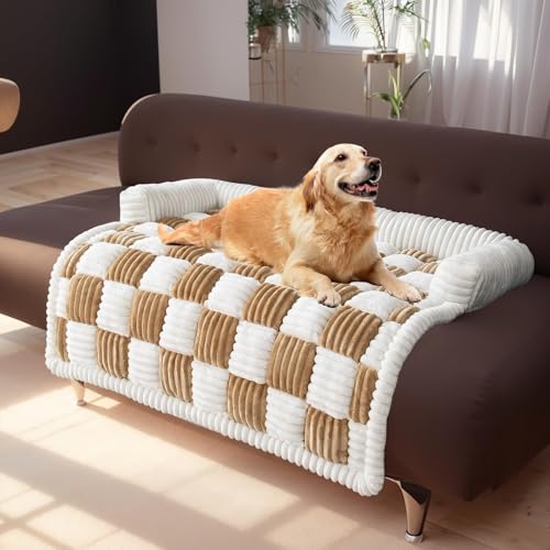 Fluffy Fuzzy Dog Bed Sofa Protector Pet Mat, Washable Plush Couch Cover for Dog, Cream-Coloured Large Plaid Square Pet Mat Bed Couch Cover, Non Slip Sofa Cover for Dogs, Cats (Khaki, 37.4"*37.4") von LinZong