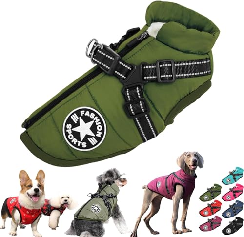 Pawbibi Sport - Waterproof Winter Jacket with Built-in Harness,Dog Winter Coat Waterproof Zipper,Winter Waterproof Vest Warm Coat Zippered with Reflectors Dog's Clothes (2XL, Green) von LinZong