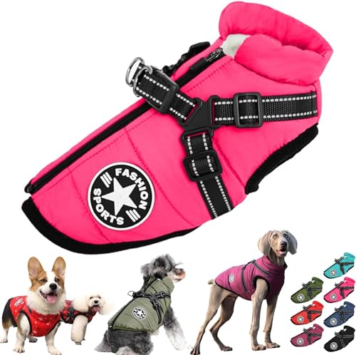 Pawbibi Sport - Waterproof Winter Jacket with Built-in Harness,Dog Winter Coat Waterproof Zipper,Winter Waterproof Vest Warm Coat Zippered with Reflectors Dog's Clothes (2XL, Pink) von LinZong