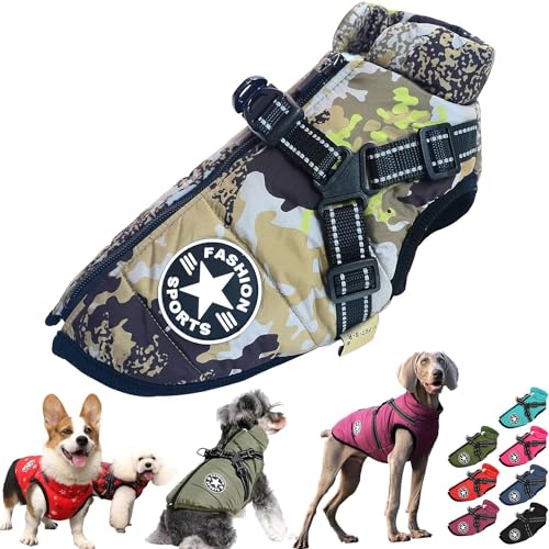 Pawbibi Sport - Waterproof Winter Jacket with Built-in Harness,Dog Winter Coat Waterproof Zipper,Winter Waterproof Vest Warm Coat Zippered with Reflectors Dog's Clothes (5XL, Camouflage) von LinZong