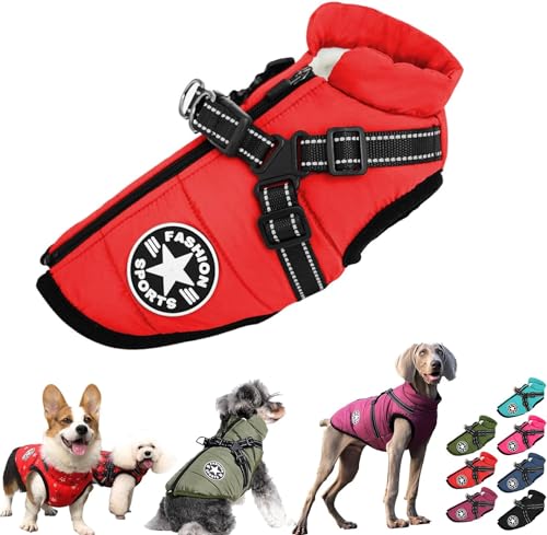 Pawbibi Sport - Waterproof Winter Jacket with Built-in Harness,Dog Winter Coat Waterproof Zipper,Winter Waterproof Vest Warm Coat Zippered with Reflectors Dog's Clothes (L, Red) von LinZong