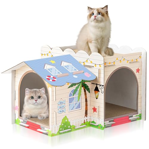 Lineshading Katzenhaus aus Karton mit Kratzbaum Doppeldecker Katzenvilla Katzenkratzhaus für Indoor Katzen Karton Katzenbett Katzenversteck Möbel für Katze Geburtstag Versteck für Kleintiere von Lineshading