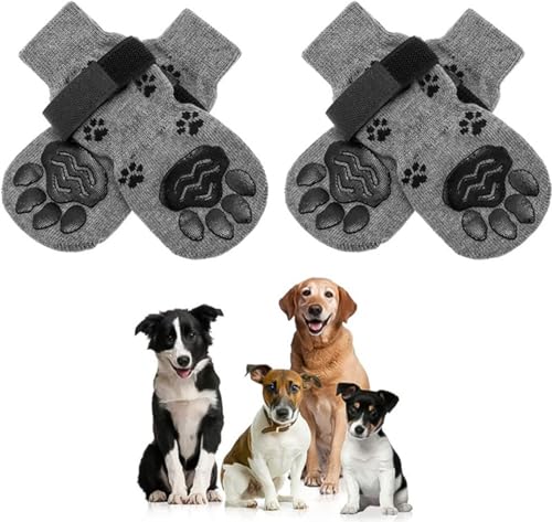 Ling & Bai Hundesocken, Pfotenabdrücke stoppen Lecken, rutschfeste Hundesocken mit verstellbaren Trägern, für kleine, mittelgroße und große Welpen, drinnen und draußen, Hartholzböden (Grau, L) von Ling & Bai