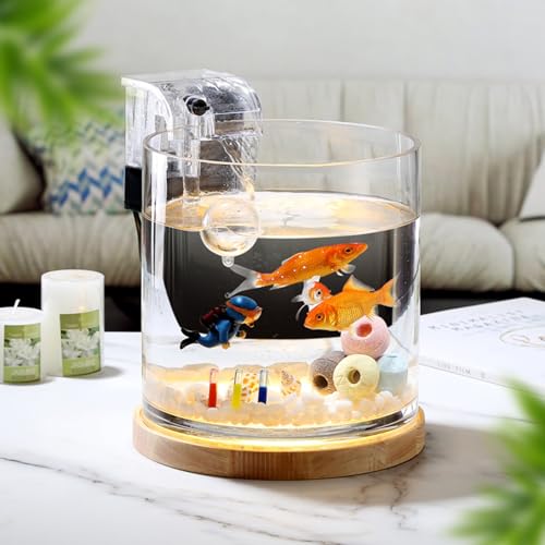 Aquarium Starter Kit: 3-Liter-Fischbecken für Anfänger, zylindrische Betta-Fischschale mit Holzsockel, LED-Licht, Wasserpumpe und Zubehör, selbstreinigender Filter von LingTing