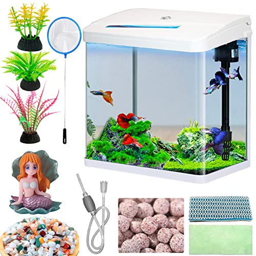 Glas fischbecken 16-Liter Aquarium Starter-Set Kleines Betta-Fischbecken Desktop Mini Fischschüssel für Garnelen Kleine Fische mit Pumpe LED-Licht Simulierte Wasserpflanzen und Filtermaterialien von LingTing