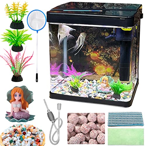 Glasfischbecken 16-Liter Aquarium Starter-Set Kleines Betta-Fischbecken Desktop Mini Fischschüssel für Garnelen Kleine Fische mit Pumpe LED-Licht Simulierte Wasserpflanzen und Filtermaterialien von LingTing