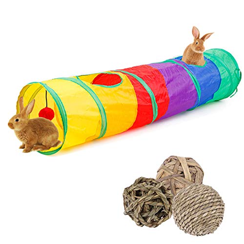 Linifar Kaninchentunnel, Größe – 119,4 x 25,4 cm, kleiner Tier-Tunnel, zusammenklappbar, mit 3 Gras-Bällen, Kauspielzeug für Kaninchen, Meerschweinchen, Hamster, Chinchilla, Rennmäuse, Ratte von Linifar