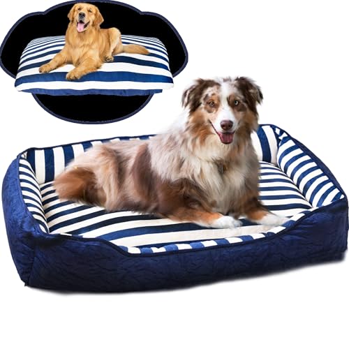 LinkRomat Großes Hundebett, große Hunde mit Oxford, weiches kleines Hundebett, waschbar zum Schlafen von Haustieren, Memory-Schaum, blau-weiße Farbkombination, 101,6 x 78,7 x 15,2 cm (L x B x T) von LinkRomat