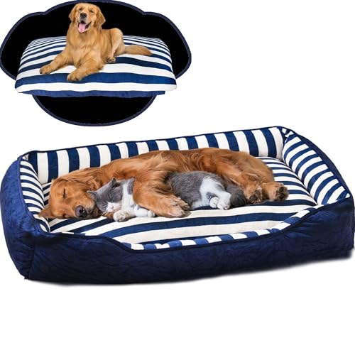 LinkRomat Großes Hundebett, große Hunde mit Oxford, weiches kleines Hundebett, waschbar zum Schlafen von Haustieren, Memory-Schaum, blau-weiße Farbkombination, 101,6 x 78,7 x 15,2 cm (L x B x T) von LinkRomat