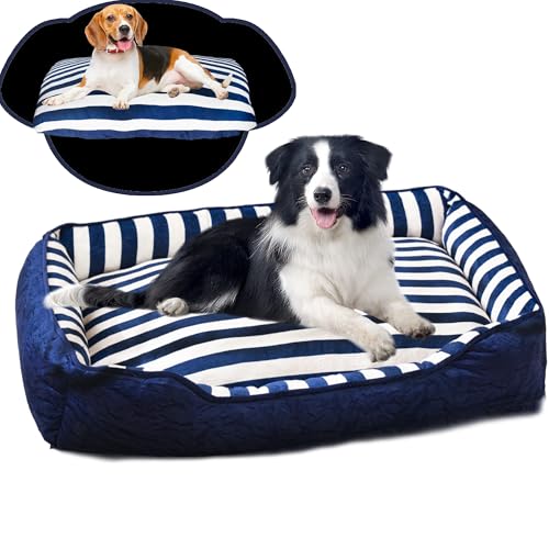 LinkRomat Großes Hundebett, große Hunde mit Oxford, weiches kleines Hundebett, waschbar zum Schlafen von Haustieren, Memory-Schaum, blau-weiße Farbkombination, 88,9 x 68,6 x 15,2 cm (L x B x T) von LinkRomat