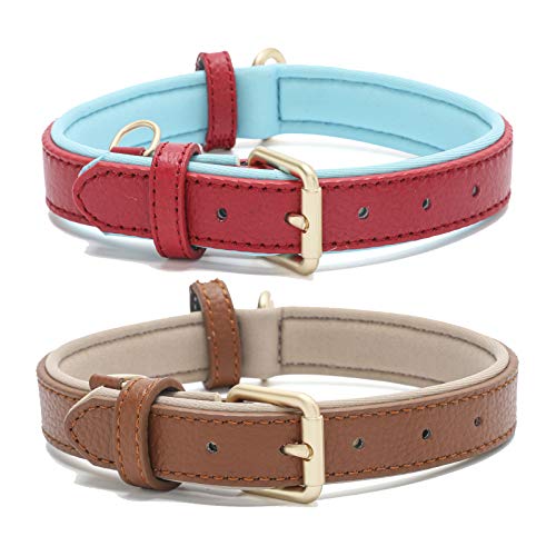 Linkfun Leder-Hundehalsband für kleine, mittelgroße und große Hunde, klassisch, weich, gepolstert, atmungsaktiv, wasserdicht, Rot, Braun, groß, 2 Stück von Linkfun