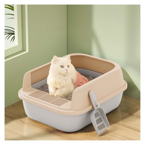 Offene Katzentoilette, halboffene Katzentoilette mit Spritzschutz, langlebige Katzentoilette mit hohem Rand und Sieb for kleine Katzen, leicht zu reinigen und zusammenzubauen(Almond,XXL) von Linmeas-753