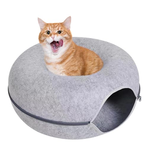 Katzen Donut Aus Kratzfestem Filzmaterial, 60cm Durchmesser 28cm Hoch, Rund, Teilbar, Katzentunnel Katzenbett Katzennest, Katzenhöhle Tunnel Katzenhöle Anthrazit Katzen-Donut-Bett von Linsition