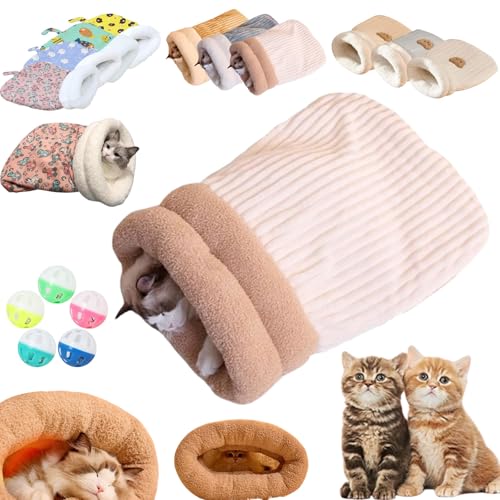 Katzenschlafsack, Schlafsack Katze, Katzen Schlafsack HöHle, Cat Sleeping Bag, Cat Winter Sleeping Bag, SelbstwäRmendes Katzenbett, Soft Cozy Cute Cat Sleeping Bag for Indoor Cats (L,B-Beige) von Liocwocne