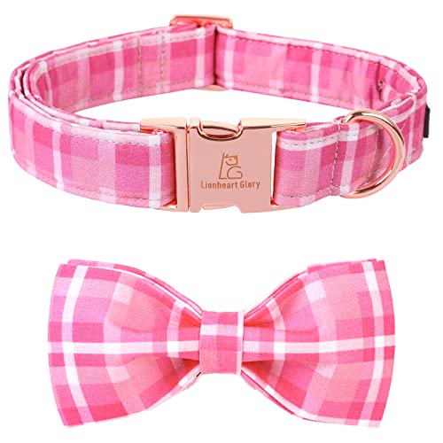 Lionheart Glory Pink Plaid Hundehalsband, verstellbares Hundehalsband mit Fliege, Haustiergeschenk Mädchenhalsband für Hunde, weiche Fliege, Hundehalsbänder für große Hunde von Lionheart glory