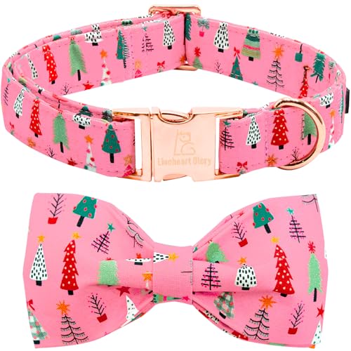 Lionheart glory Hundeschleifenhalsband Weihnachtsbaum Rosa Hundehalsband für kleine Hunde Einstellbare weiche robuste Mädchenhalsbänder mit Fliege Haustierhalsband Schleifen Haustier Geschenk von Lionheart glory