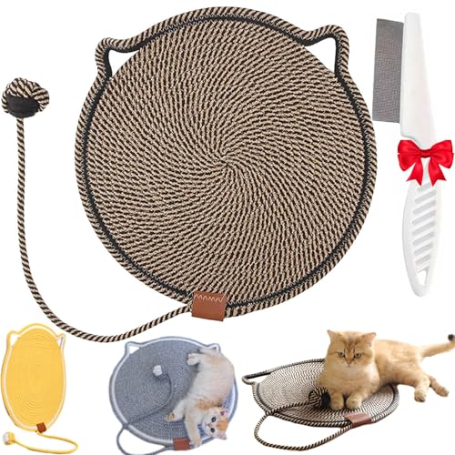 Clawloom Dual Scratching Pad, Natural Cotton Rope Cat Scratching Pad with Ball, 17/20 Inch Cat Scratcher Mat Toy for Indoor Cats (Black, Large) von Lircofi