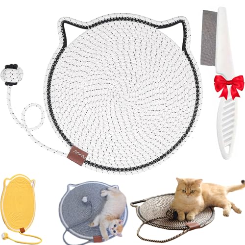 Clawloom Dual Scratching Pad, Natural Cotton Rope Cat Scratching Pad with Ball, 17/20 Inch Cat Scratcher Mat Toy for Indoor Cats (White, Large) von Lircofi