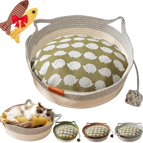 Lircofi Virelapets Woven Rope Cat Basket, Virela Hand Woven Cat Bed with Built-In Scratching Mat & Play Ball, Cats Ears Cotton Rope Dual Scratching Pad for All Cats (Gray with Padding, L) von Lircofi