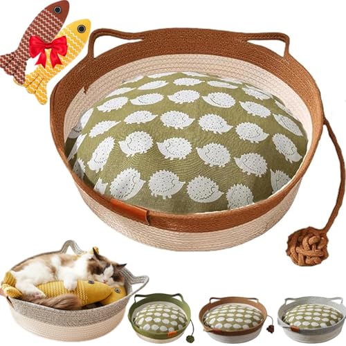 Lircofi Virelapets Woven Rope Cat Basket, Virela Hand Woven Cat Bed with Built-In Scratching Mat & Play Ball, Cats Ears Cotton Rope Dual Scratching Pad for All Cats (Khaki with Padding, L) von Lircofi