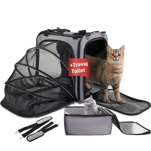 LitaiL Katzentoilette mit Katzentoilette für Auto, erweiterbare Katzentrage mit auslaufsicherer Katzentoilette für Autoreisen, bis zu 9 kg zum Roadtrip, Camping oder Hotel, Grau von LitaiL