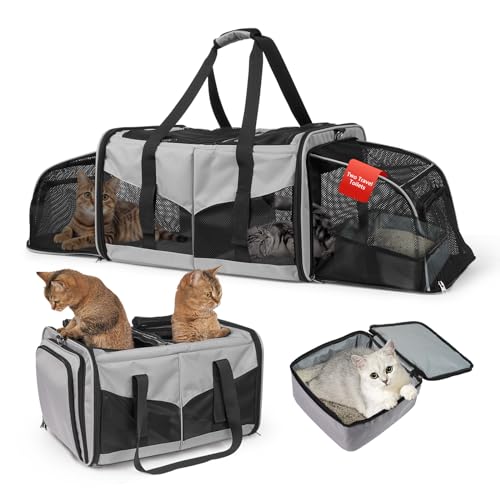 LitaiL Transportbox für 2 Kleine Katzen oder große Katze, Faltbare Katzentransportbox mit Katzenklo, Transporttasche Katze mit Katzentoiletten, Haustiertragetasche für Kleine Hund Welpe von LitaiL