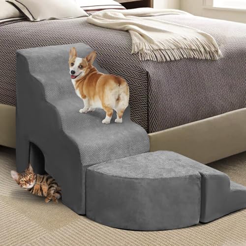 LitaiL Hundetreppe 70cm Hoch für Boxspringbett Platzsparend, passt Sich jeder Seite des Bettende an, Multizweck Hunderampe für Bett, rutschfeste Haustiertreppe aus Schaumstoff für Hunde, Katzen von LitaiL