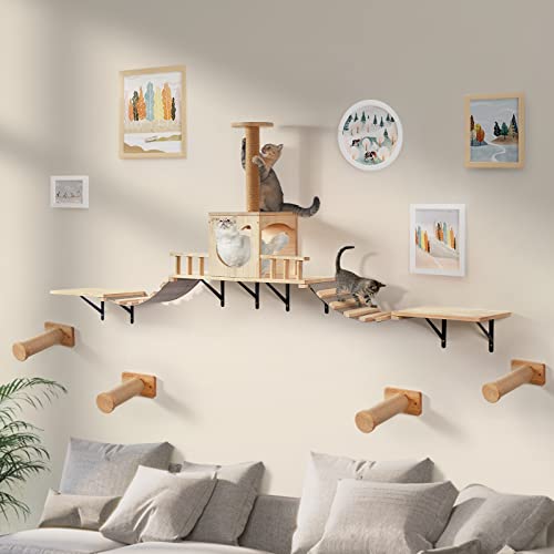 Katzen Kletterwand Set aus Massivholz für Kleine bis Große Katzen bis 25KG, LitaiL Extra Stabile Kletterwand Katzen mit Katzenbrücke, Katzenliege,4X Kratzsäulen,Katzenhaus für Wand, 12-teilig von LitaiL