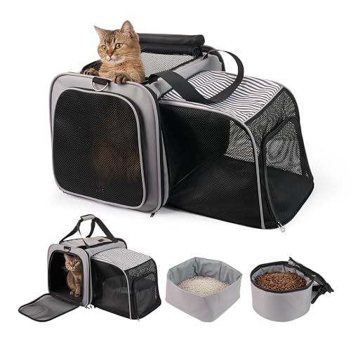 LitaiL Katzentrage mit Katzentoilette für Katzen, weiche Katzentragetasche mit Futterträger, erweiterbare tragbare Katzentrage für Autoreisen, bis zu 9 kg für Roadtrip, Camping, Wandern, Grau von LitaiL