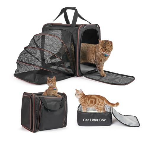 LitaiL Katzentragetasche mit Katzentoilette für Auto, erweiterbare Katzentrage mit auslaufsicherer Katzentoilette für Autoreisen, bis zu 9 kg für Roadtrip, Camping oder Hotel, Schwarz von LitaiL
