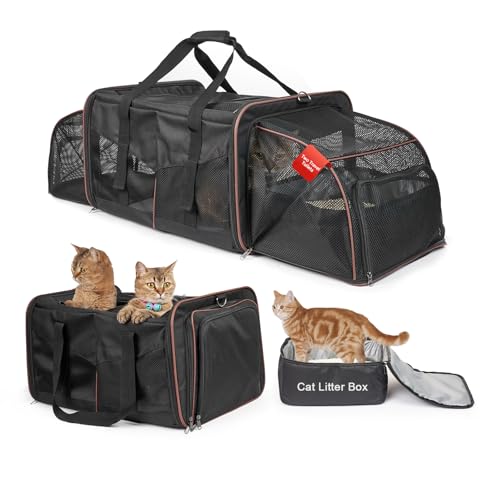 LitaiL Katzentragetasche mit Katzentoiletten für 2 Katzen, Doppelfach weiche Haustiertragetasche, erweiterbare tragbare Katzentrage für Autoreisen, bis zu 15,9 kg Roadtrip, Camping, Wandern, Schwarz von LitaiL