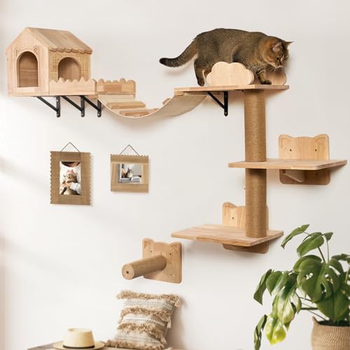 LitaiL Kletterwand Katzen mit Kratzbaum für Wand, 3tlg Katzen Kletterwand Set aus Massivholz für Wandmontage, Katzen Wandelemente mit Katzenbrücke | Katzentreppe| Katzenhaus, Bis 25KG von LitaiL