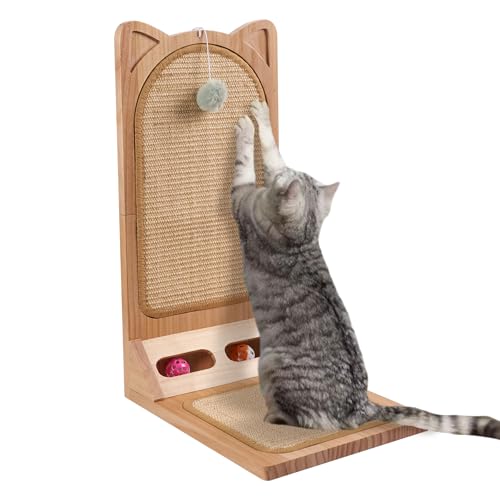 LitaiL L Shape Cat Scratcher - 58cm Katzenkratzbrett für Innen, Bodenmontierter Kratzbaum mit eingebautem Katzenspielzeug, Sisal-Kratzmatte und Massivholz Katzenkratzbaum für Sofaschutz von LitaiL