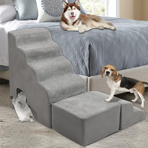 Upgrade Hundetreppe & Stufen aus Schaumstoff für hohe Betten, 76,2–91,4 cm hoch, LitaiL 6 Stufen Haustiertreppe/Stufen für hohe Betten, 76,2 cm große Hunde, rutschfeste Haustierrampen für kleine von LitaiL