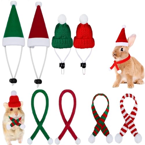 8-teiliges Weihnachts-Kostüm für kleine Tiere, Mütze, Schal, Meerschweinchen, Weihnachtsmannmütze für Kaninchen, Hamster, Frettchen, Chinchilla, Igel, kleine Haustiere, Weihnachtskleidung, Zubehör (8 von Little Bean