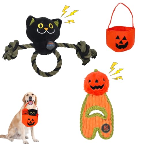 Little Bean 2-Pack Hund Quietschen Spielzeug Kürbis Katzen Hund Halloween Spielzeug Quietschen Plüsch Hund Spielzeug Mit Kürbis Tasche für kleine mittlere Hunde Interaktives Hundespielzeug Set von Little Bean