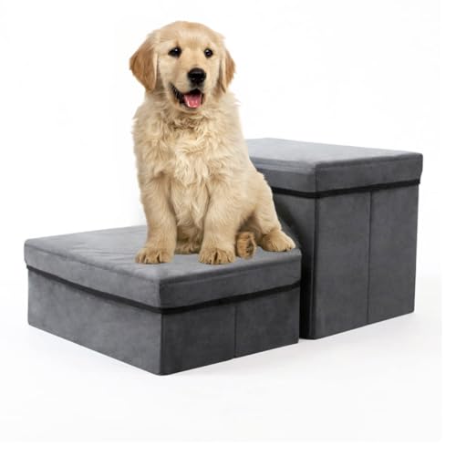 Little Bean Hundetreppe 3 Stufen Kleine Faltbare Hundetreppe mit 3 Aufbewahrungsboxen Haustierleiter für Hochbett & Sofa Grau (2 Stufen) von Little Bean