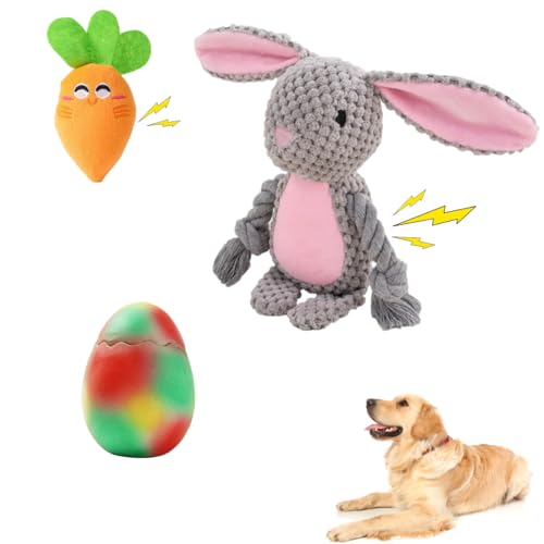 Litle Bean 3 Pack Hund Quietsche Spielzeug Plüsch Kaninchen & Gummi Ei & Plüsch Karotte Quietsche Hundespielzeug mit Einer Tasche für kleine mittlere Hunde Interaktive Hundespielzeug Set von Little Bean