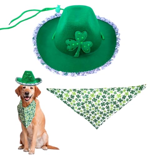 St Patrick's Day Kostüm für Hund Katze 2pcs Set Bandana und Haustier Kuhhut mit Klee Muster einstellbar für kleine mittlere Hunde Katzen (L 2pcs grünes Set) von Little Bean